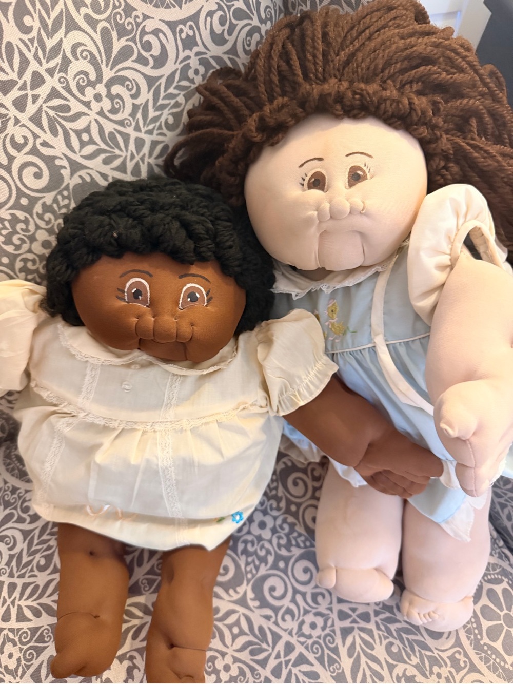 Vintage 1980s Soft Sculpture Dolls Pair - 20" & 16" Cabbage Patch Style
